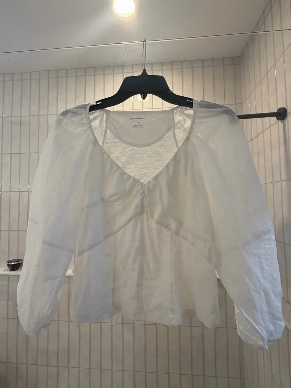 Anthropologie White V-Neck Puff Sleeve Peasant Blouse
